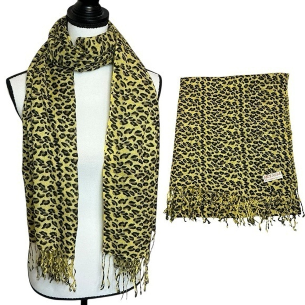 Pashmina Leopard Print Scarf Wrap in Yellow Brown Black with Tassels